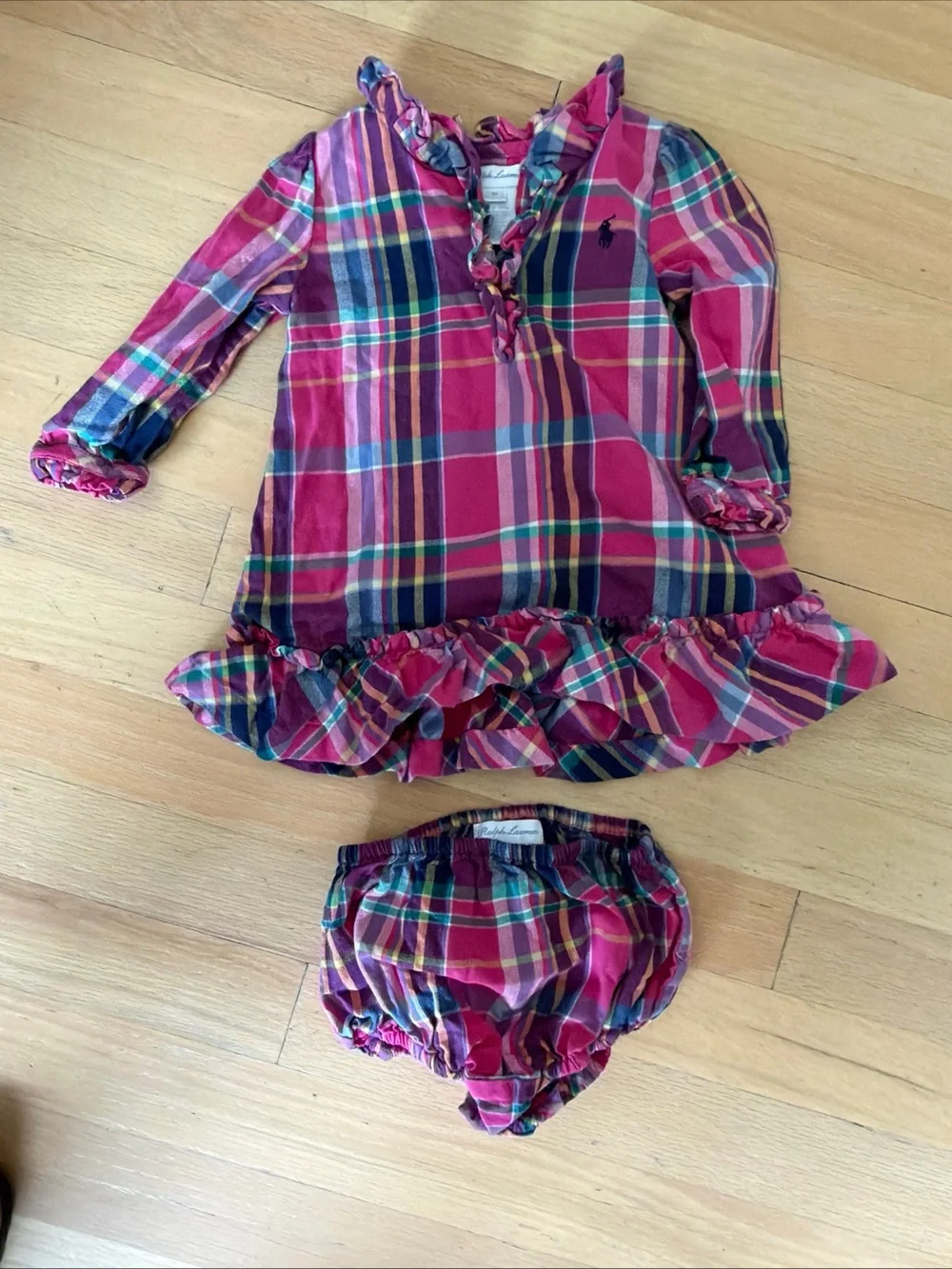 Ralph Lauren Baby Madras Plaid Dress Ruffle 9 Months Pink Preppy Cotton